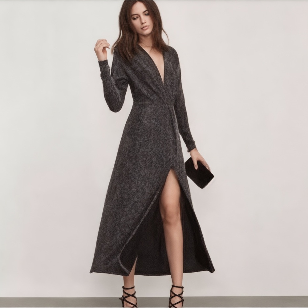 REFORMATION black and silver lurex deep v gown with front slit size small